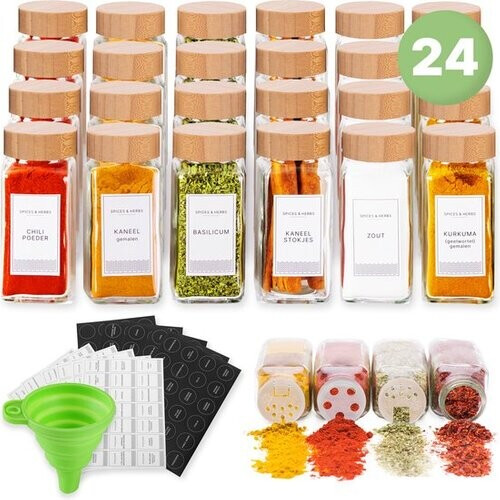 Tweedekans S.old - 24 Glazen Kruidenpotjes vierkant met Bamboe Deksel - Kruidenstrooier - Complete set met Strooideksels, Voorbedrukte Stickers en Trechter - Inhoud 120 ml - 10,5 x 4,3 cm Tweedehands