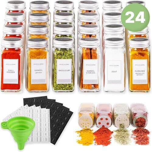 Tweedekans S.old - 24 Glazen Kruidenpotjes vierkant met Deksel - Kruidenstrooier - Complete set met Strooideksels, Voorbedrukte Stickers en Trechter - Inhoud 120 ml - 10,5 x 4,3 cm Tweedehands