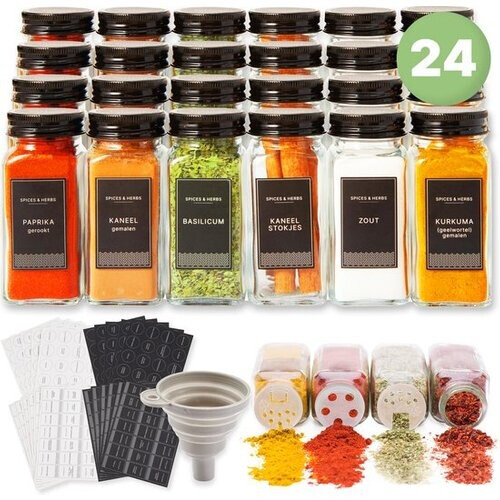 Tweedekans S.old - 24 Glazen Kruidenpotjes vierkant met Deksel Zwart - Kruidenstrooier - Complete set met Strooideksels, Voorbedrukte Stickers en Trechter - Inhoud 120 ml - 10,5 x 4,3 cm Tweedehands