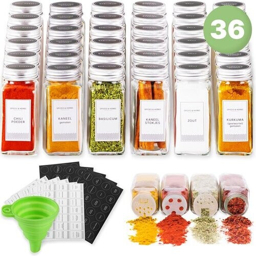 Tweedekans S.old - 36 Glazen Kruidenpotjes vierkant met Deksel - Kruidenstrooier - Complete set met Strooideksels, Voorbedrukte Stickers en Trechter - Inhoud 120 ml - 10,5 x 4,3 cm Tweedehands