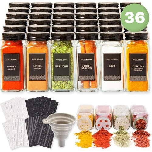 Tweedekans S.old - 36 Glazen Kruidenpotjes vierkant met Deksel Zwart - Kruidenstrooier - Complete set met Strooideksels, Voorbedrukte Stickers en Trechter - Inhoud 120 ml - 10,5 x 4,3 cm Tweedehands