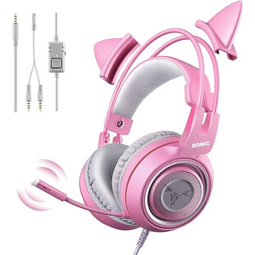 Tweedekans Somic G951 - PS4 PS5 7.1 Surround - Roze Kat Ear Noise Cancelling Hoofdtelefoon - 3.5Mm Plug - Meisje - Kids - Gaming Headset Met Microfoon Voor Telefoon/Laptop Tweedehands
