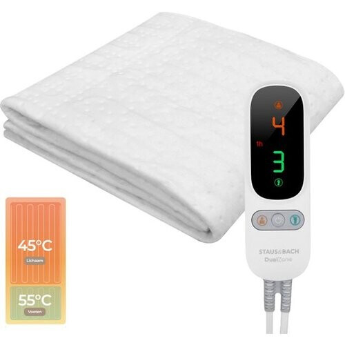 Tweedekans STAUS&BACH Elektrische onderdeken met voetwarmte 190x90 cm - Eenpersoons - 6 warmtestanden - Aparte voetzone - Anti allergie - Antibacterieel - Warmtedeken - Extra snel warm - Uitwasbaar - Fleece - DualZone - Wit Tweedehands