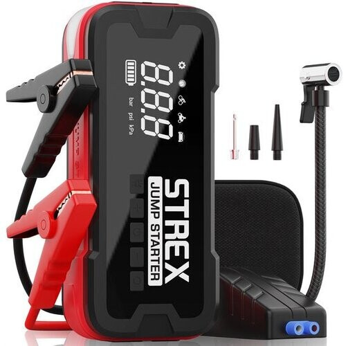 Tweedekans Strex - 12V Jumpstarter & Starthulp Met Compressor - 4000A - 24.000 mAh - 5-in-1 Functie Met Led-zaklamp & SOS - Inclusief Hardcover Tas - Kunststof - Zwart & Rood Tweedehands