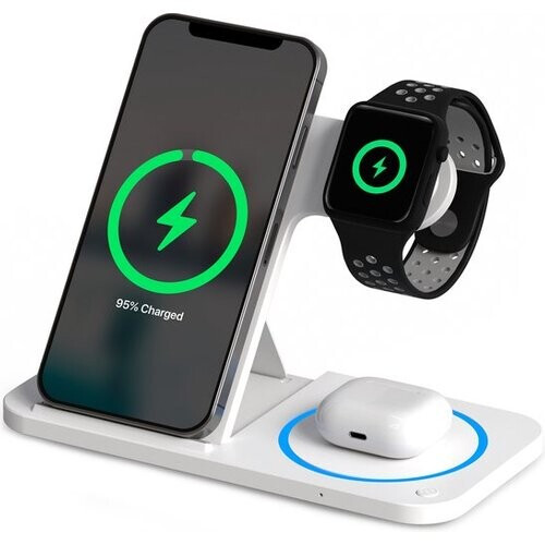 Tweedekans Strex 3-in-1 Draadloze Oplader - Oplaadstation - 15W Snellader - Opvouwbaar - Geschikt voor iOS & Android, Apple Watch, AirPods en Draadloze oortjes - Wit Tweedehands