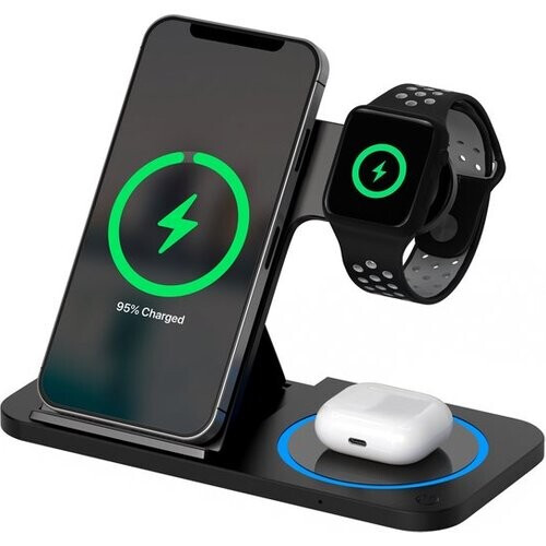 Tweedekans Strex 3-in-1 Draadloze Oplader - Oplaadstation - 15W Snellader - Opvouwbaar - Geschikt voor iOS & Android, Apple Watch, AirPods en Draadloze oortjes - Zwart Tweedehands