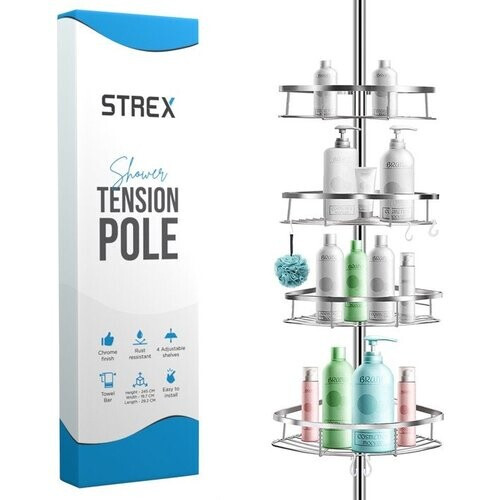 Tweedekans Strex Doucherek RVS - Verstelbaar 70-275 cm - 4 Mandjes - Robuuste Kwaliteit - zonder Boren of Schroeven - Tweedehands