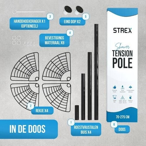 Tweedekans Strex Telescopische doucheplank hoek - 4 korven - RVS - Verstelbaar 70-275 cm - Zwart - Max.20 kg -