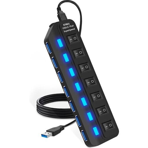 Tweedekans Strex USB 3.0 Hub - USB Splitter - 7 Poorten - 5Gbps - LED Indicatie - Aan/Uit Switch - 100CM Kabel Tweedehands