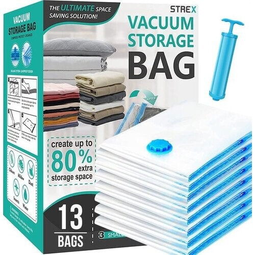 Tweedekans Strex Vacuumzakken Dekbedden & Kleding - 14 Stuks / 4 Maten - Reiszakken / Vacumeerzakken - Incl. Handpomp Tweedehands