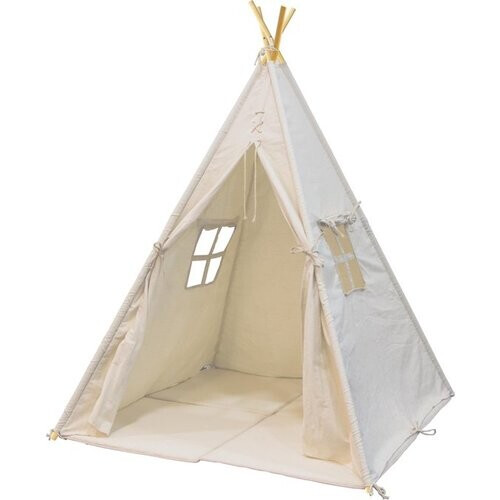 Tweedekans Sunny Alba Tipi Tent Crème/Wit voor kinderen - Wigwam Speeltent met ramen van katoen - Tipi tent kinderen met Kussen kleed - 120x120x160cm - Stokken FSC hout Tweedehands
