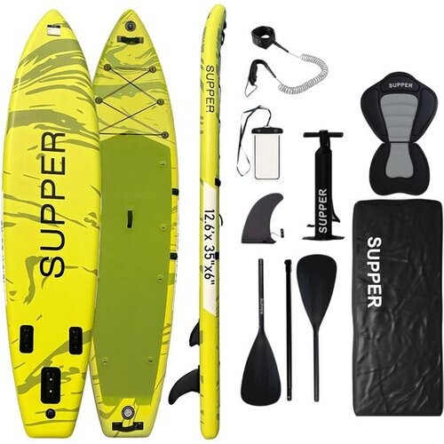 Tweedekans Supper Sup Board XL - Max. 220KG - Opblaasbaar – Paddle Board – Verstelbare Peddel – Waterdicht Telefoonhoesje – Pomp – Vin – Leash – Draagtas – Touring 381 x 81 cm - Limoengroen Tweedehands