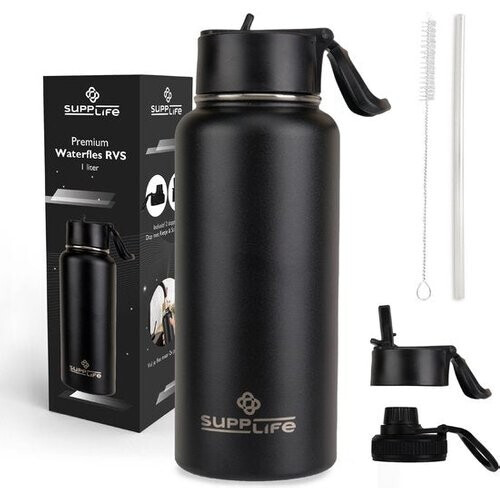 Tweedekans Supplife Luxe RVS Thermosfles / Drinkfles - 1 Liter - BPA & Lek Vrij - Waterfles met Rietje - Dubbelwandige Isolatie - Thermosbeker - Schenkdop en Dop met Rietje - Inclusief Schoonmaakborsteltje - Zwart Tweedehands
