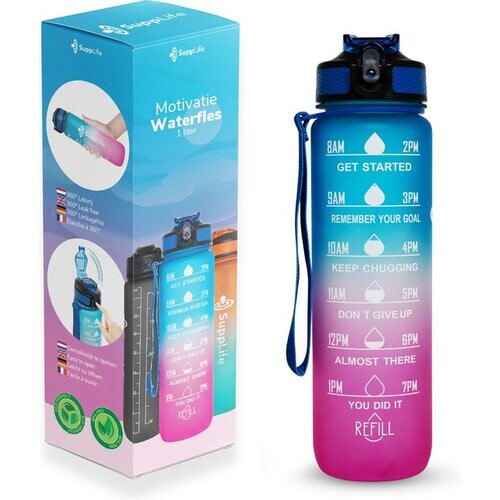 Tweedekans Supplife Motivatie Waterfles - 1 Liter Drinkfles - Waterfles met Tijdmarkering - Met Rietje - Volwassenen - Kinderen - Blauw Roze Tweedehands