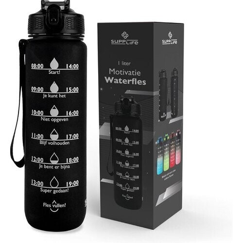 Tweedekans Supplife Motivatie Waterfles 1 Liter met Nederlandse Tekst - Drinkfles met Rietje - Waterfles met Tijdmarkeringen - Zwart Tweedehands