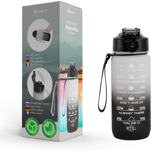 Tweedekans Supplife Motivatie Waterfles - 600 ml Drinkfles - Waterfles met Tijdmarkering - Met Rietje - Volwassenen - Kinderen - Wit Zwart Tweedehands