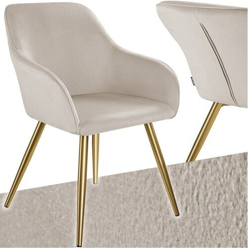 Tweedekans tectake® Eetkamerstoel Marilyn - Met Armleuningen - Elegante Stoel met Gevoerde Zitting in Fluweellook - Gestoffeerd - Gouden Metalen Poten - Ergonomische Keukenstoel - Stoel voor Woonkamer, Eetkamer en Slaapkamer - Taupe Tweedehands