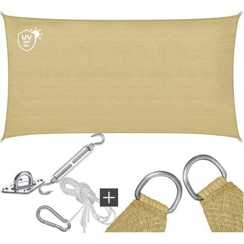 Tweedekans tectake® Rechthoekig Schaduwdoek Sunny - 2 x 4 m - Extra Stevig 185 g/m² HDPE Zonwering Doek - 50+ UV Bescherming - Weerbestendig en Scheurbestendig - Zonnescherm voor Tuin, Balkon, Terras - Zonnedoek inclusief Montagemateriaal - Zandkleur Tweedehands
