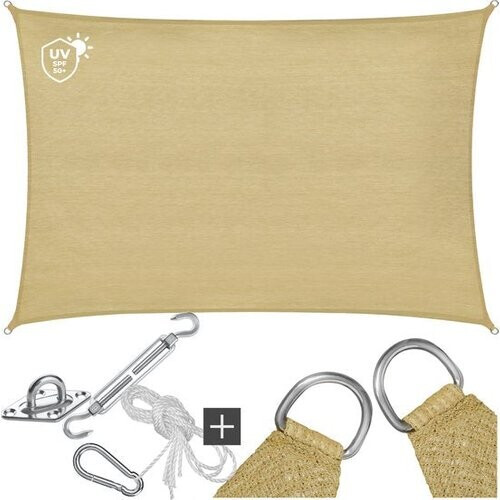 Tweedekans tectake® Rechthoekig Schaduwdoek Sunny - 3 x 4 m - Extra Stevig 185 g/m² HDPE Zonwering Doek - 50+ UV Bescherming - Weerbestendig en Scheurbestendig - Zonnescherm voor Tuin, Balkon, Terras - Zonnedoek inclusief Montagemateriaal - Zandkleur Tweedehands