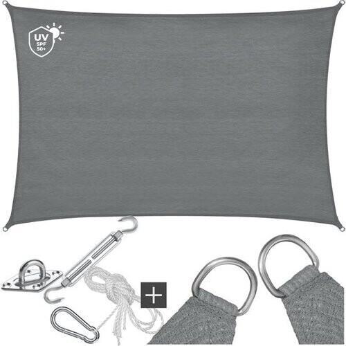 Tweedekans tectake® Rechthoekig Schaduwdoek Sunny - 3 x 5 m - Extra Stevig 185 g/m² HDPE Zonwering Doek - 50+ UV Bescherming - Weerbestendig en Scheurbestendig - Zonnescherm voor Tuin, Balkon, Terras - Zonnedoek inclusief Montagemateriaal - Grijs Tweedehands