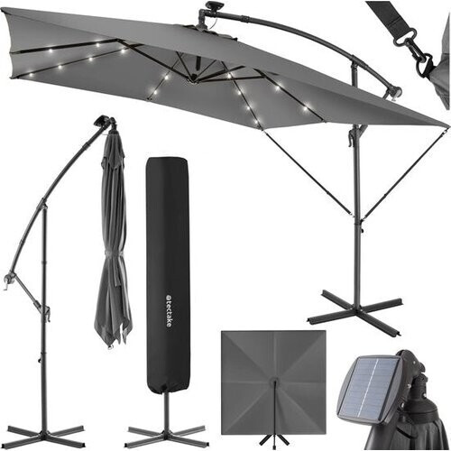 Tweedekans tectake® Rechthoekige parasol - Met LED-verlichting op zonne-energie - Incl. beschermhoes - Zweefparasol - Zonwering terras, tuin - Balkonparasol - Grote parasol - 250x300cm - Grijs Tweedehands