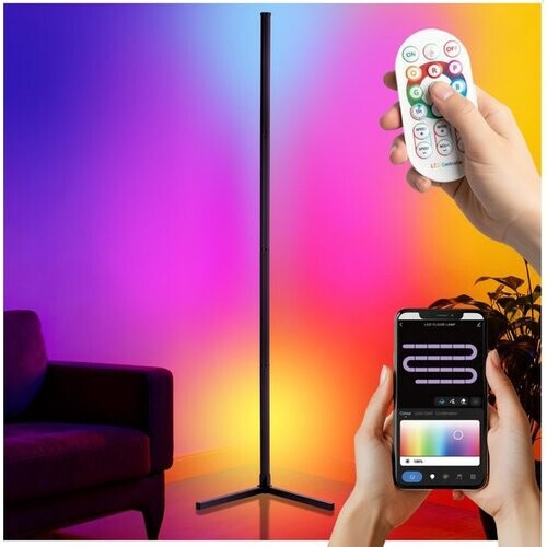 Tweedekans tectake® Slimme LED Vloerlamp Spectra - Hoeklamp met 16 miljoen Kleuren - 200 Lichteffecten - Staande Smart Lamp - 145 cm - Dimbaar - Bediening met App, Afstandsbediening, Knop en Spraak - Woonkamer Vloer Lamp - Sfeerverlichting Tweedehands