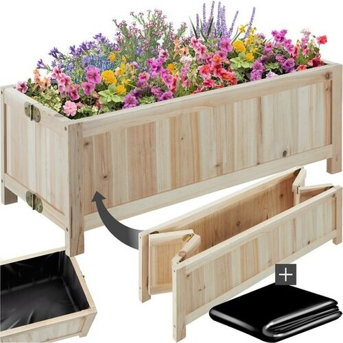Tweedekans tectake® Verhoogde Plantenbak Blomster - Bloembakken voor buiten Rechthoekig - Inclusief folie - Opvouwbare Houten Bloembak - Stabiel en Weerbestendig - 70 x 30 x 25 cm - Tuinbed voor Kruiden, Groenten en Bleomen - Antraciet Tweedehands