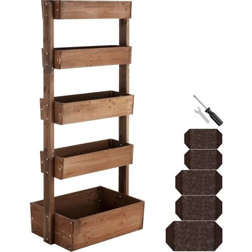 Tweedekans tectake® Verticale Tuin Flora - Met 5 Plantenbakken voor Bloemen, Kruiden of Groenten - Bruin - 81 x 52 x 180 cm - Kweekbak voor Moestuin - Kantelbare Bloembakken van Gelakt Dennenhout - Inclusief Vliesdoek/Worteldoek - Weerbestendig en Stabiel Tweedehands