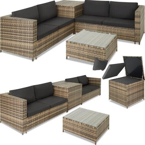 Tweedekans Tectake - Wicker Loungeset Siena (4 Personen) - Modulair, Opbergbox, Extra Dikke Kussens, UV- & Weerbestendig, Stalen Frame - Natuur/Donkergrijs Tweedehands