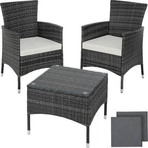 Tweedekans tectake® - wicker meubelen tuinset met verwisselbare hoezen, 2 stoelen en tafel met glazen blad, 2x outdoor loungestoelen met armleuningen en tuintafel, tuinmeubelset, balkonmeubilair - - grijs - poly-rattan Tweedehands