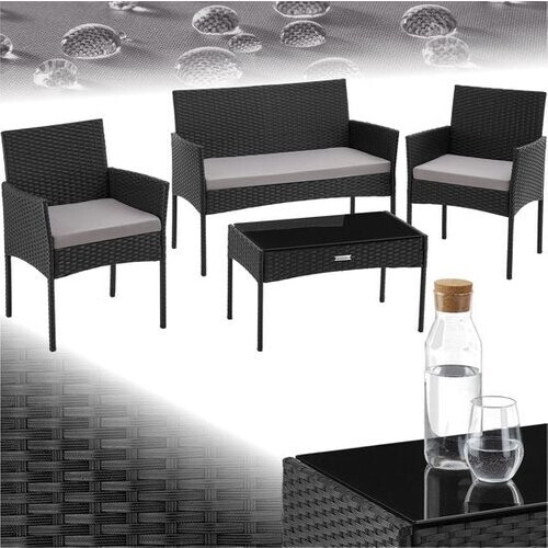 Tweedekans tectake® - Wicker tuinset Palese - Zitgroep voor 4 personen - Tuinmeubelset met loungebank, tuintafel en 2 tuinstoelen inclusief zitkussens - Tuinmeubelen - Waterafstotend - Zwart Tweedehands