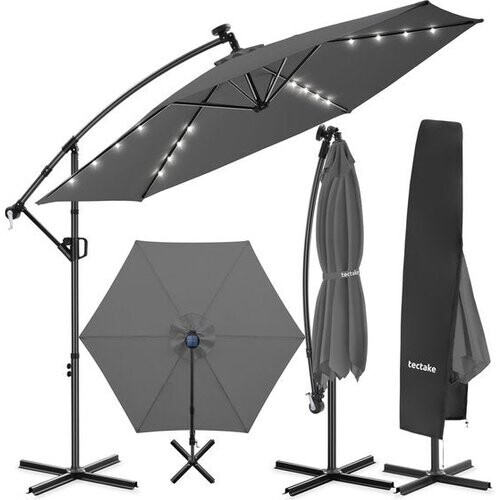 Tweedekans tectake® Zweefparasol met Voet - 3 x 3 m - Tuinparasol met LED-Verlichting op Zonne-Energie - Draaibaar - Waterafstotend Polyester met UV-Bescherming - Inclusief Hoes - Grijs Tweedehands