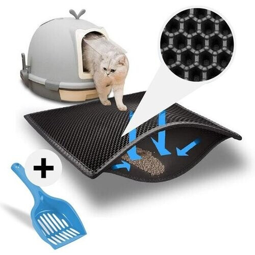 Tweedekans Tenify Kattenbakmat + Extra Kattenbak Schepje - 40 x 50 cm - Waterdicht - Dubbele laag - Honingraatstructuur - Uitloopmat - Mat Tweedehands