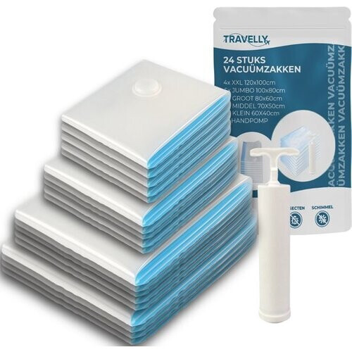 Tweedekans Travelly® Vacuümzakken & Reiszakken Set – Kleding Opbergen & Reizen – Luchtdicht – Inclusief Pomp - Herbruikbaar – Ruimtebesparend – Set van 24 – Transparant Tweedehands