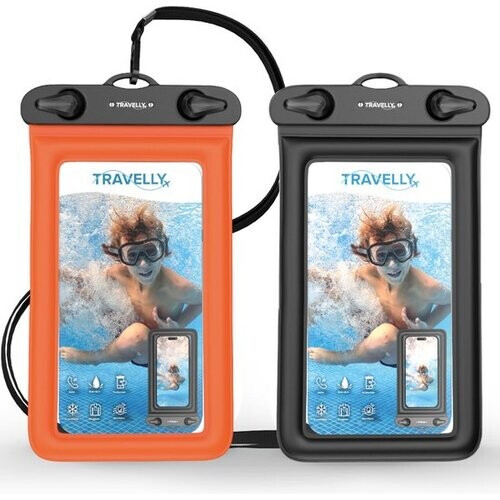 Tweedekans Travelly ® – Waterdicht Telefoonhoesje Set van 2 – Universeel Onderwater Hoesje voor Smartphone – Geschikt voor alle telefoons – Drybag – Voor Vakantie, Zwemmen & Watersport – Zwart/Oranje Tweedehands