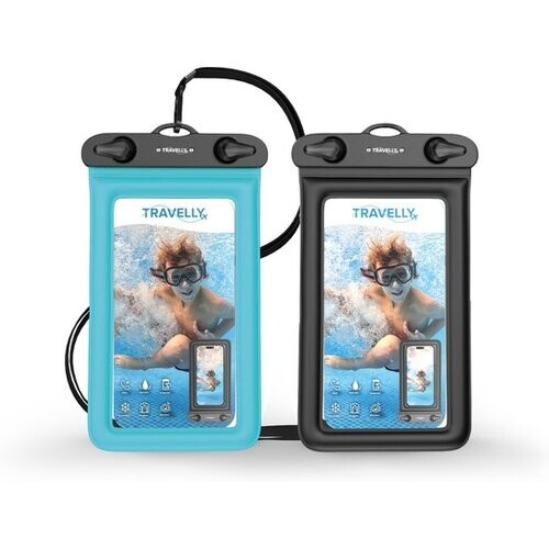 Tweedekans Travelly ® Waterdicht Telefoonhoesje Set van 2 – Universeel Onderwater Hoesje voor Smartphone – Geschikt voor alle telefoons – Drybag – Voor Vakantie, Zwemmen & Watersport – Zwart/Blauw Tweedehands