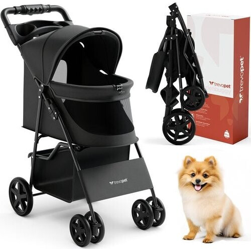 Tweedekans TrevoPet® Inklapbare Hondenbuggy - Voor Kleine en Middelgrote Honden tot 15 kg - Wandelwagen met Bekerhouder & Grote Opbergmand - Zwart Tweedehands