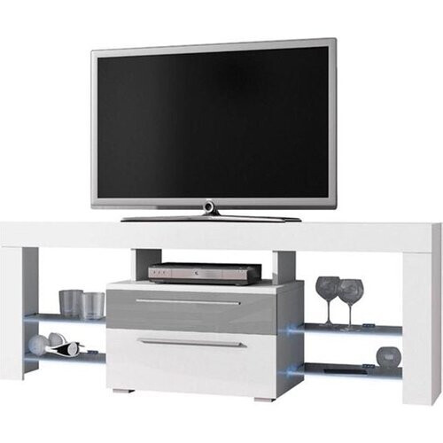 Tweedekans TV meubel TV dressoir Navia high design LED verlichting body wit mat front lades hoogglans grijs Tweedehands