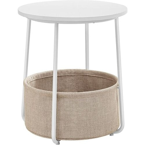 Tweedekans Vasagle Ronde Bijzettafel met Stoffen Mand - 45 x 50 cm - Wit/Beige - Met Opbergruimte Tweedehands