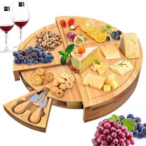 Tweedekans Villux Tapasplank - Borrelplank - Serveerplank - Kaasplank - Hapjesplank - Inclusief Kaasmesjes - Taspasplank Bamboe - Borrelplank Rond - Inclusief Ebook - ø 38 cm Tweedehands