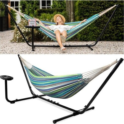Tweedekans Vita5 Hangmat met Standaard – 2 Persoons – Incl. Bekerhouder – 205kg Draaggewicht – Groen/Blauw Tweedehands