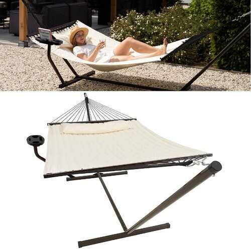 Tweedekans Vita5 Hangmat met Standaard en Spreidstok – 2 Persoons, Incl. Bekerhouder  – max. 200 kg – 350 x 120 x 140 cm – Beige Tweedehands
