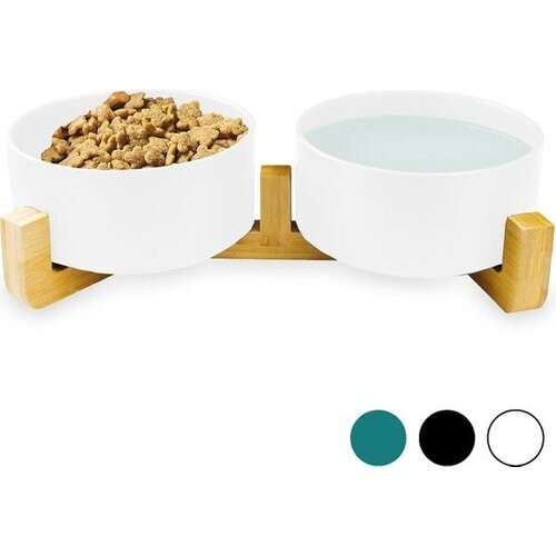 Tweedekans Voerbak Hond - Drinkbak - Met Bamboe Standaard - 2x 800 ml - Maat M - Wit Mat Tweedehands