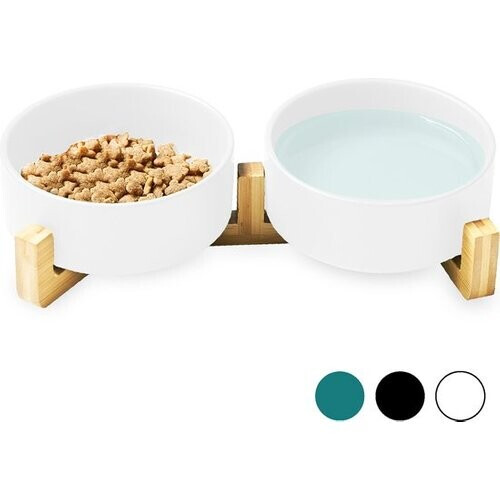 Tweedekans Voerbak Hond - Voerbak Kat - Drinkbak - Met Bamboe Standaard - 2x 400 ml - Maat S - Wit Mat Tweedehands