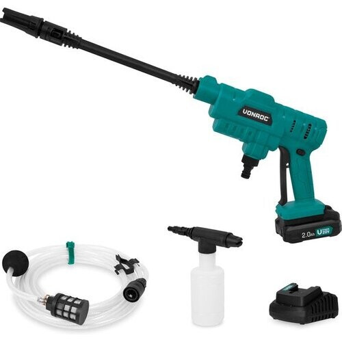 Tweedekans VONROC Accu drukreiniger 20V – 24bar – 198 l/h - Incl. 5m aanzuigslang, reinigingsmiddelenfles en regelbare spuitmond – Incl. 2.0Ah Accu en Snellader Tweedehands
