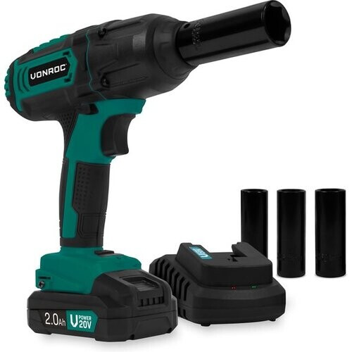 Tweedekans VONROC Accu slagmoersleutel 20V – 4 standen: 100/200/300/400Nm - Incl. 4 moerdoppen – geschikt voor het verwisselen van wielbouten en -moeren - Incl. 2.0Ah Accu en snellader Tweedehands
