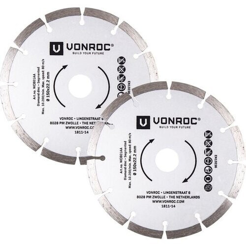 Tweedekans VONROC Diamantzaagbladen – Ø150MM – universeel – 2 stuks – steen & harde materialen Tweedehands