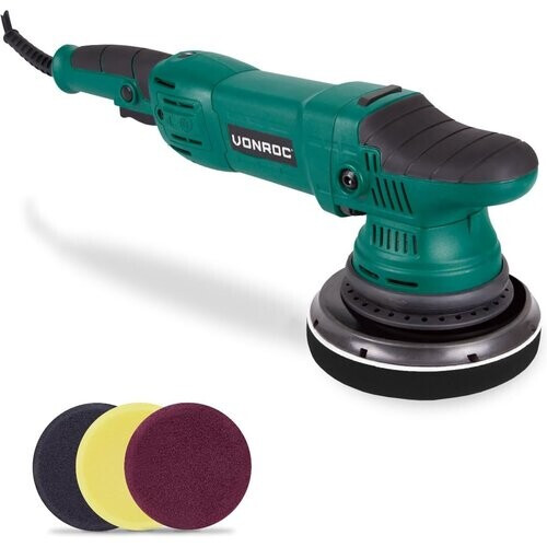 Tweedekans VONROC - Excentrische Polijstmachineset - Dual Action - Constante Elektronica - Soft Start - 150 mm - 1050 W - Inclusief 4 Polijstschijven - Steunschijf en Tas - Groen/Zwart Tweedehands