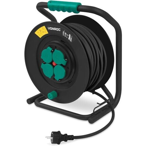 Tweedekans VONROC PRO Kabelhaspel 50m – IP44 – Neopreenkabel H07RN-F 3x1,5 mm² – 4 geaarde Schuko stopcontacten – 3000W (uitgerold)/1100W (opgerold) – Vaste kern – Thermische beveiliging Tweedehands