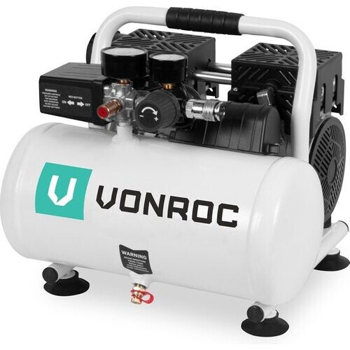 Tweedekans VONROC PRO Stille Compressor - Olievrij - 750W - 1PK - 128 l/min. – 6 Liter – 8 Bar – 57,5dB(A) – Silent – Low noise - Wit Tweedehands